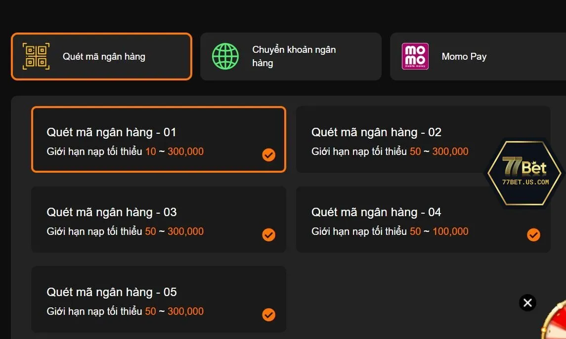 77bet có nhiều phương thức thanh toán linh hoạt