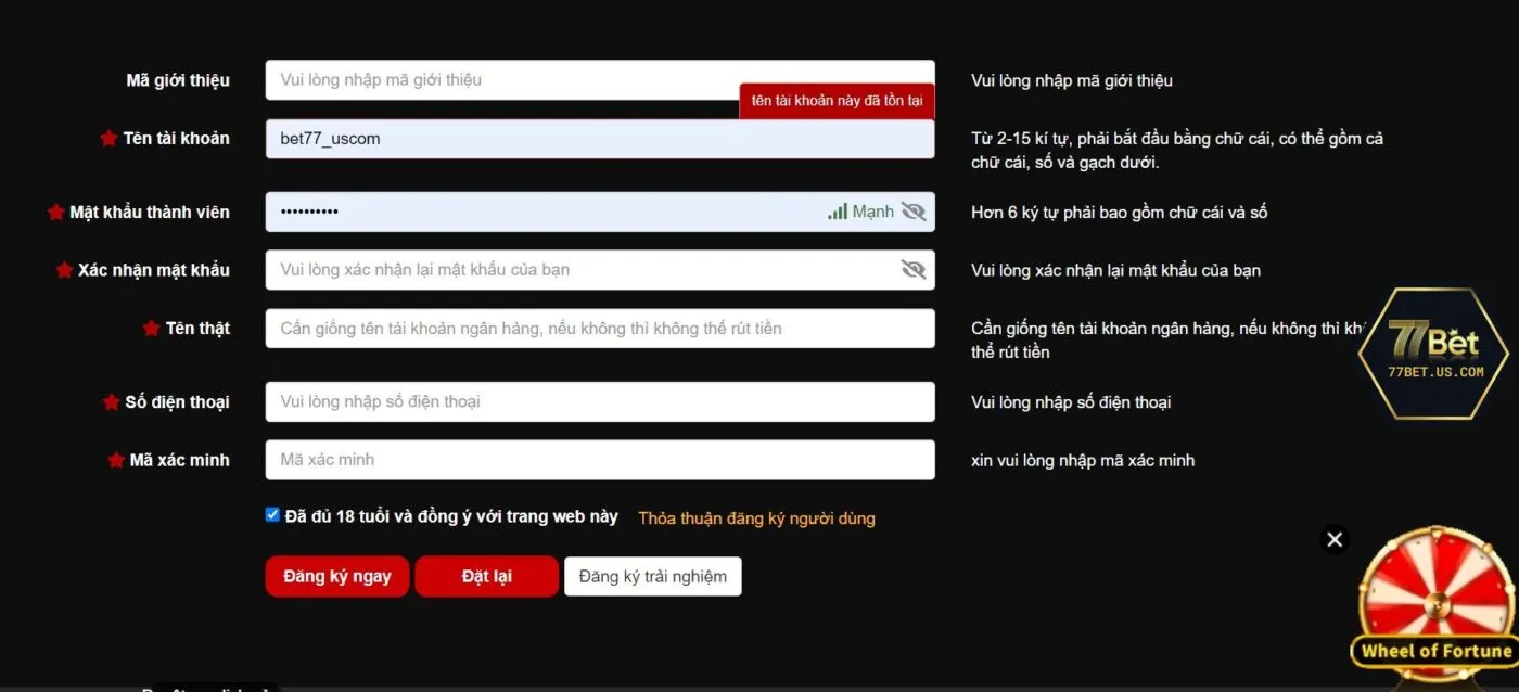 Người chơi cần điền các thông tin để tạo tài khoản